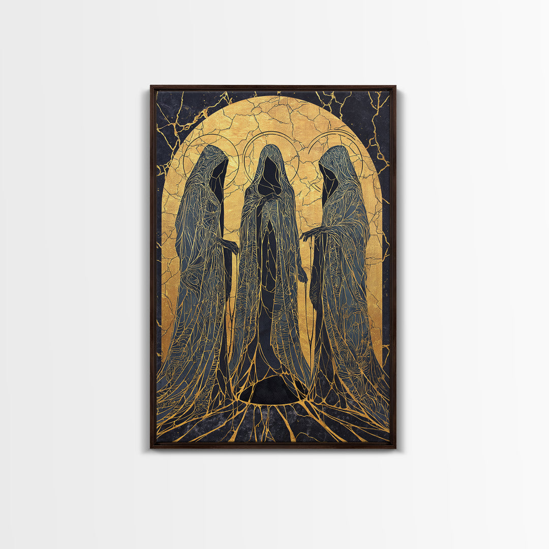 Canvas Gold Art of the Three Norns, Norse Mythology Canvas Art on Yggdrasil Roots, Viking Man Cave Decor in a natural wood frame