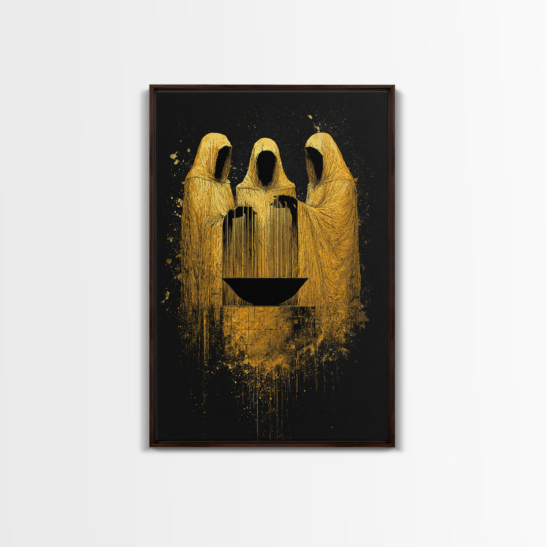 Viking Norns Canvas Gold Art, Nordic Mythology Canvas Art of Fate Goddesses around Sacred Well, Office Decor with natural wood frame