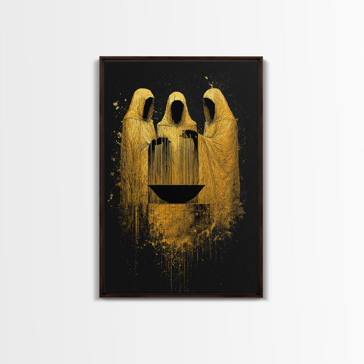 Viking Norns Canvas Gold Art, Nordic Mythology Canvas Art of Fate Goddesses around Sacred Well, Office Decor with natural wood frame