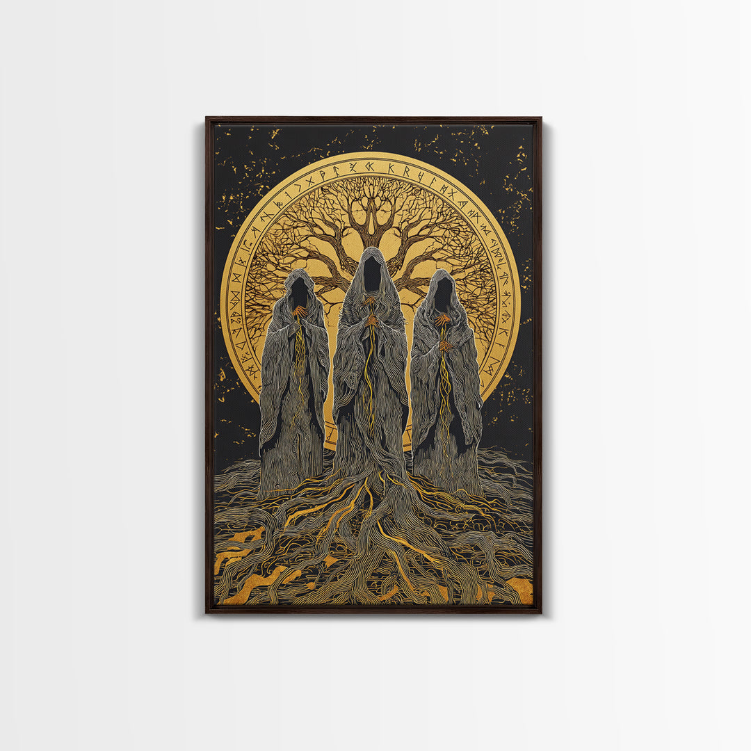 Norns Canvas Gold Art, Norse Mythology Canvas Art of Fate Weavers with Yggdrasil, Viking Office Decor beautifully framed in real wood