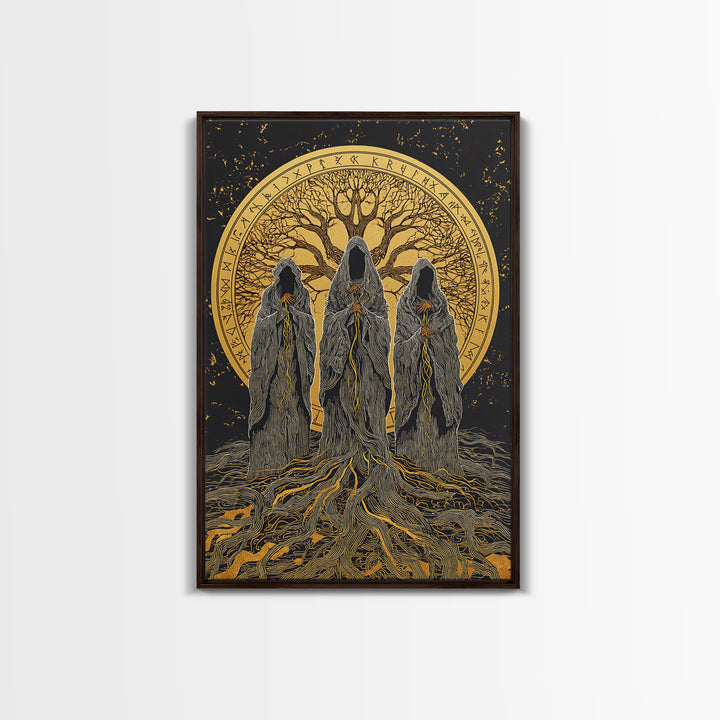 Norns Canvas Gold Art, Norse Mythology Canvas Art of Fate Weavers with Yggdrasil, Viking Office Decor beautifully framed in real wood