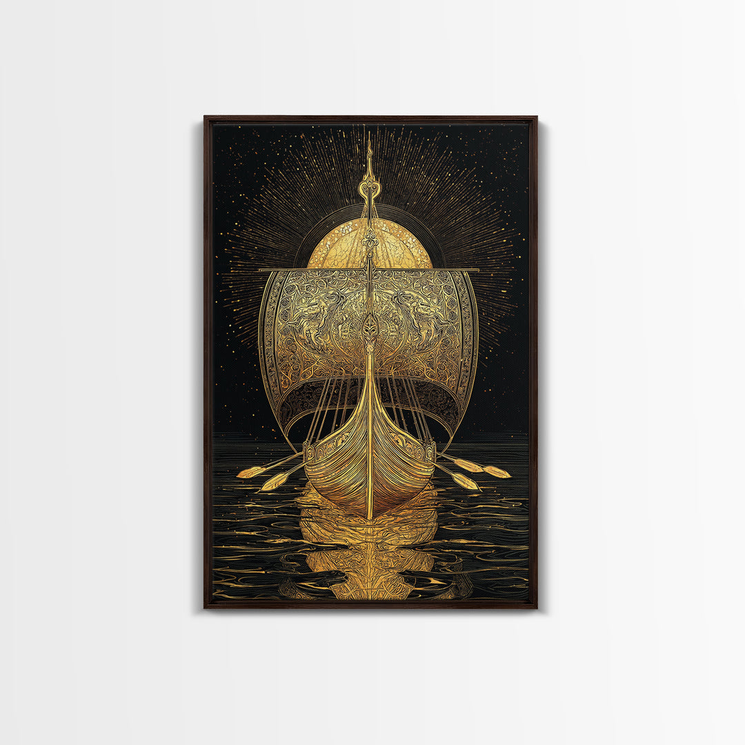 Viking Ship Canvas Gold Art Canvas Art Norse Longboat Wall Decor for Man Cave or Office, framed in natural wood