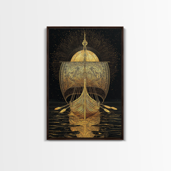 Viking Ship Canvas Gold Art Canvas Art Norse Longboat Wall Decor for Man Cave or Office, framed in natural wood