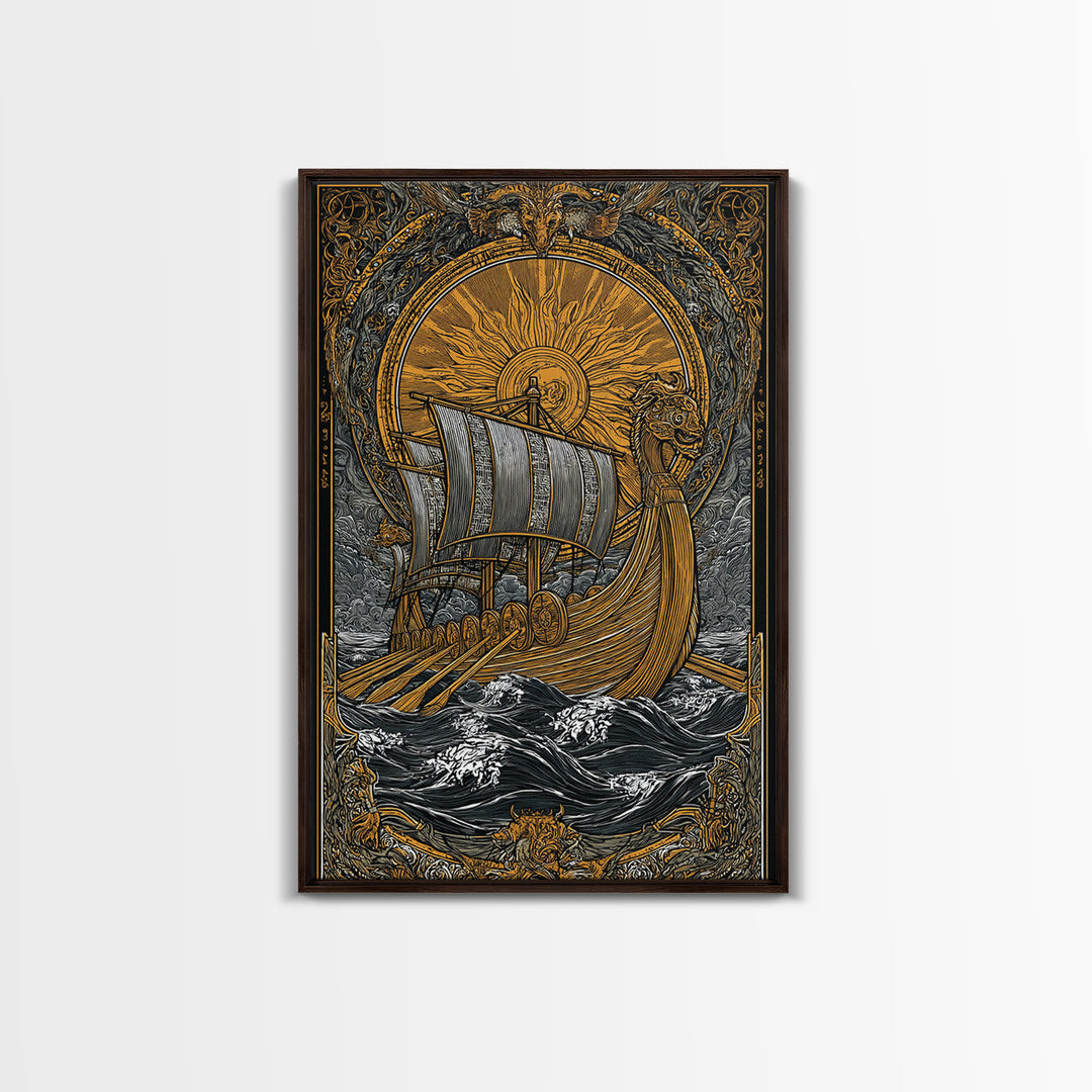 Nordic Sun Viking Ship Canvas Gold Art Canvas Art Norse Mythology Wall Art for Men’s Office or Dad Gift with wood frame