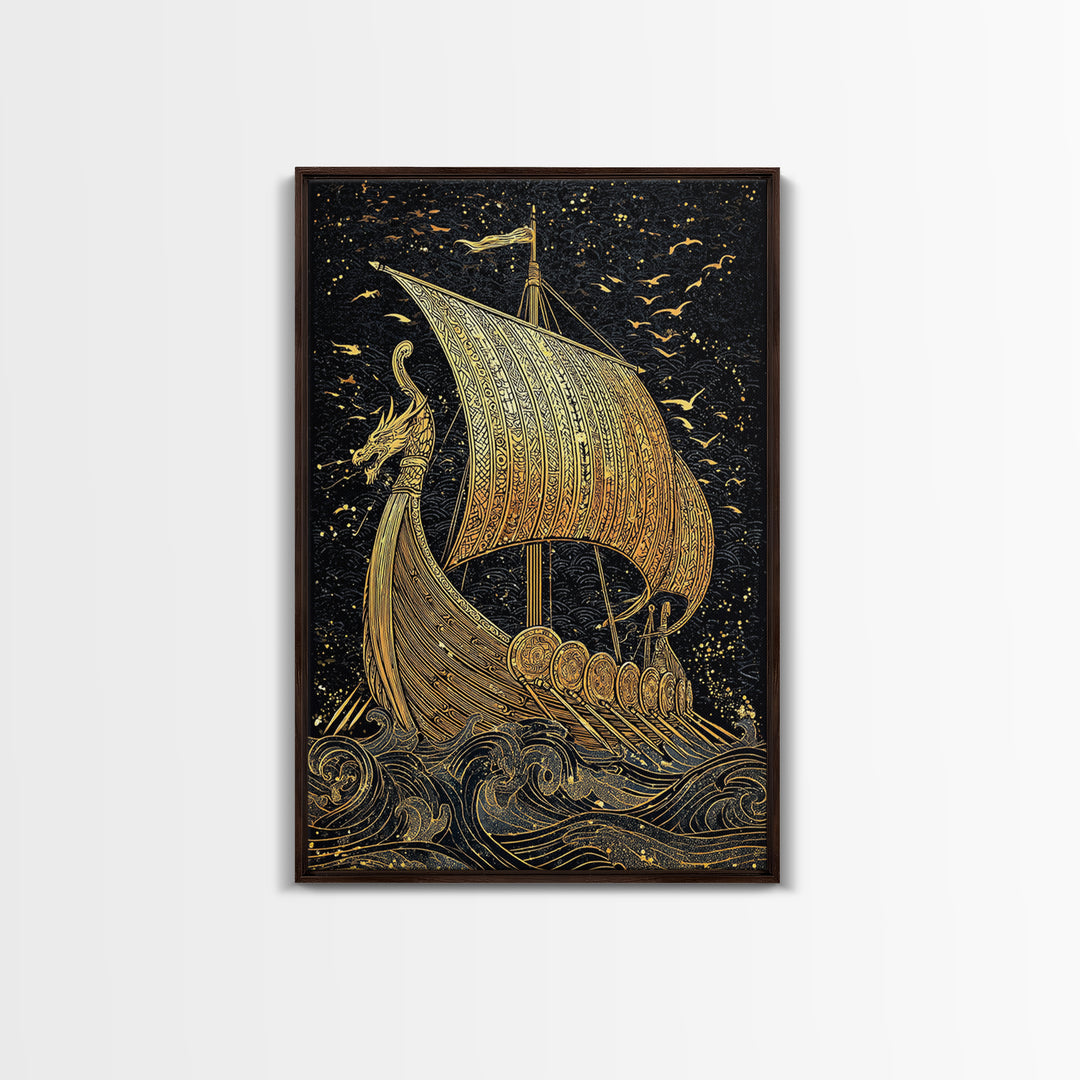 Dragon Head Viking Longship Canvas Gold Art Canvas Art Norse Decor for Man Cave, Office Wall Art framed in real wood