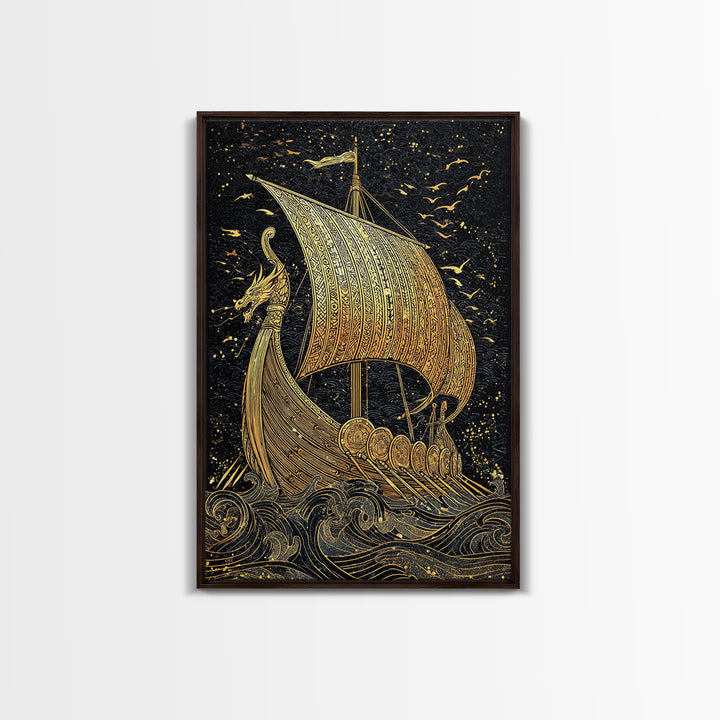 Dragon Head Viking Longship Canvas Gold Art Canvas Art Norse Decor for Man Cave, Office Wall Art framed in real wood