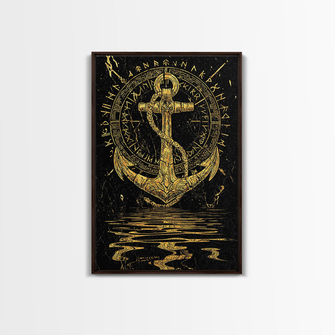 Runic Anchor Canvas Gold Art Canvas Art Norse Mythology Wall Decor for Men’s Office or Man Cave, framed with natural wood