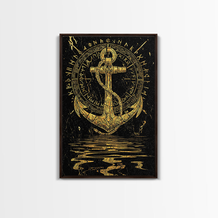 Runic Anchor Canvas Gold Art Canvas Art Norse Mythology Wall Decor for Men’s Office or Man Cave, framed with natural wood