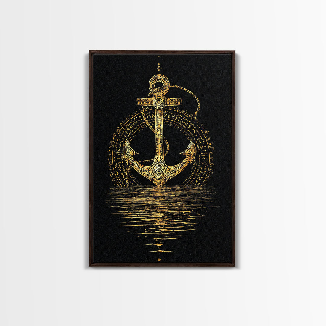 Norse Anchor with Runes Canvas Gold Art Canvas Art Viking Decor for Dad Gift or Office Wall, framed in real wood design