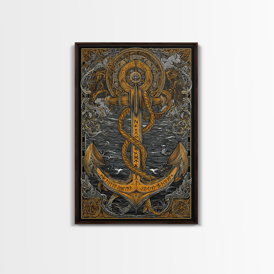 Viking Anchor Canvas Gold Art Canvas Art Nordic Mythology Wall Art for Man Cave, Office Decor with handcrafted wood frame