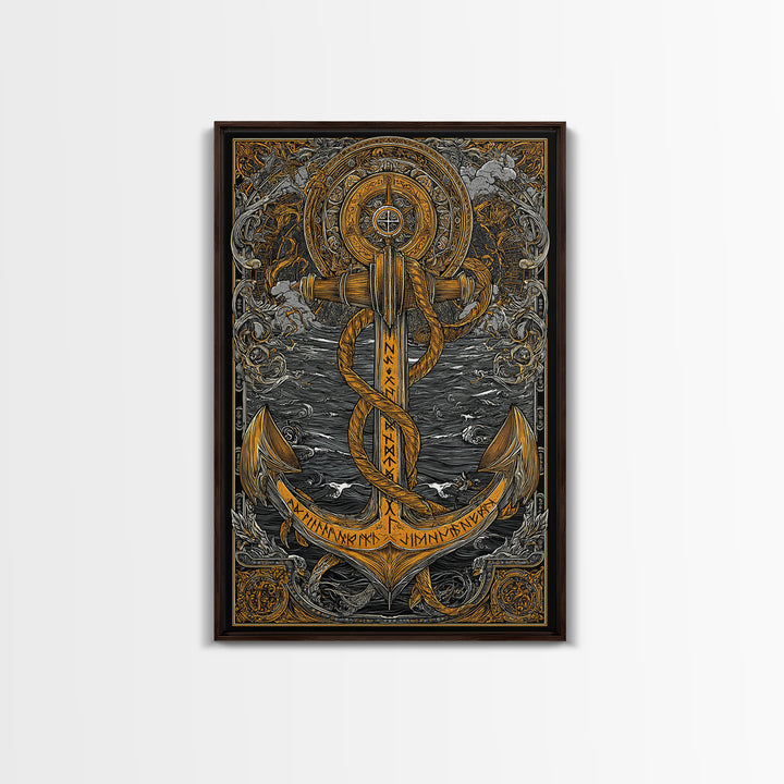 Viking Anchor Canvas Gold Art Canvas Art Nordic Mythology Wall Art for Man Cave, Office Decor with handcrafted wood frame