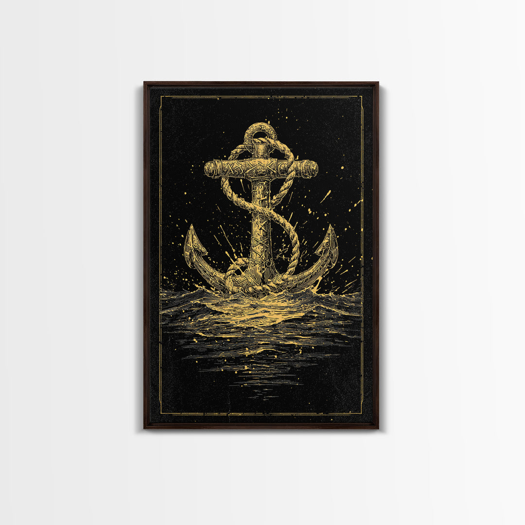 Nordic Anchor Canvas Gold Art Canvas Art Norse Mythology Decor for Office, Man Cave or Dad Gift, framed in real wood
