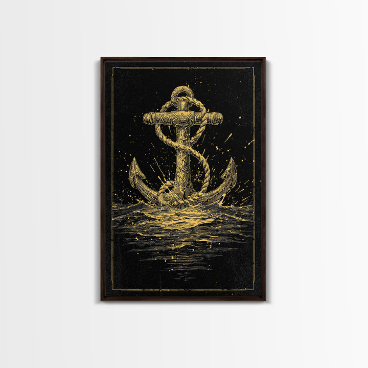Nordic Anchor Canvas Gold Art Canvas Art Norse Mythology Decor for Office, Man Cave or Dad Gift, framed in real wood
