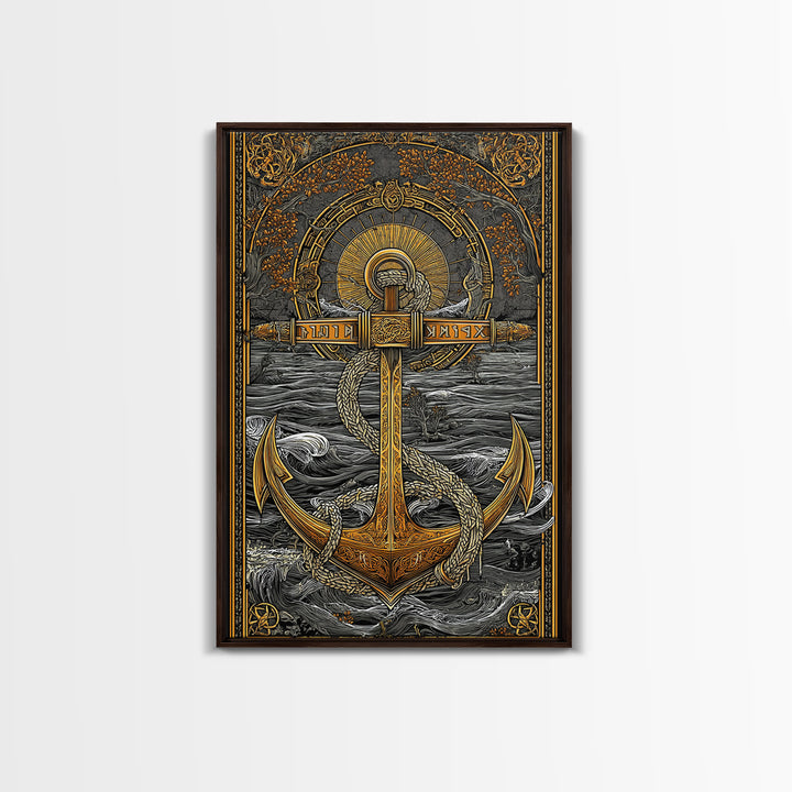 Norse Anchor Wall Art Canvas Gold Art Canvas Art with Runes Viking Decor for Men’s Office or Man Cave framed in wood