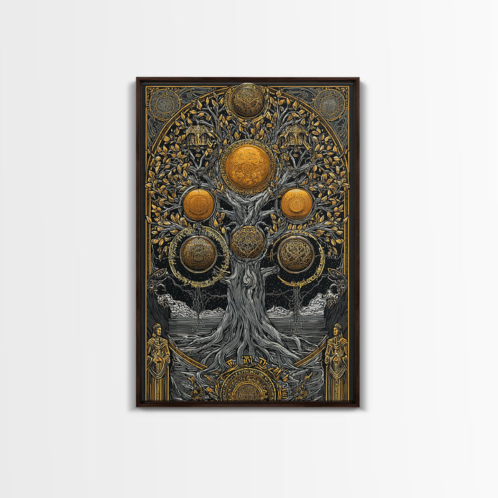 Yggdrasil Norse Tree of Life Canvas Gold Art Canvas Art with Runes Nordic Mythology Wall Decor for Office framed in wood