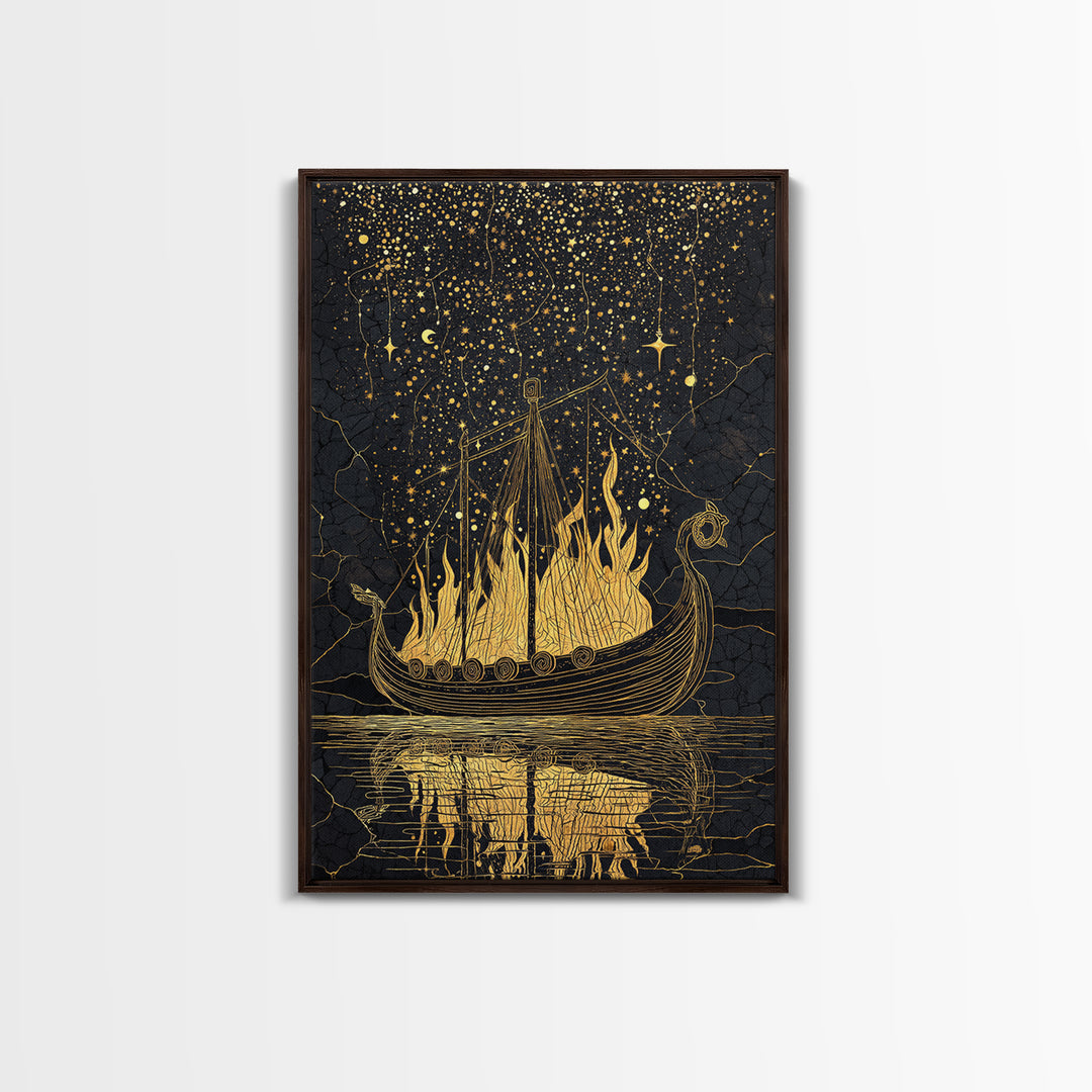 Norse Burial Ship Canvas Gold Art Canvas Art – Viking Funeral Boat Wall Decor, Man Cave Office Artwork framed in real natural wood