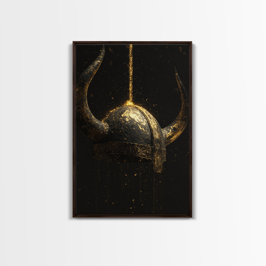 Viking Horned Helmet Canvas Gold Art Canvas Art – Nordic Mythology Man Cave Decor, Bold Office Art framed in genuine real wood