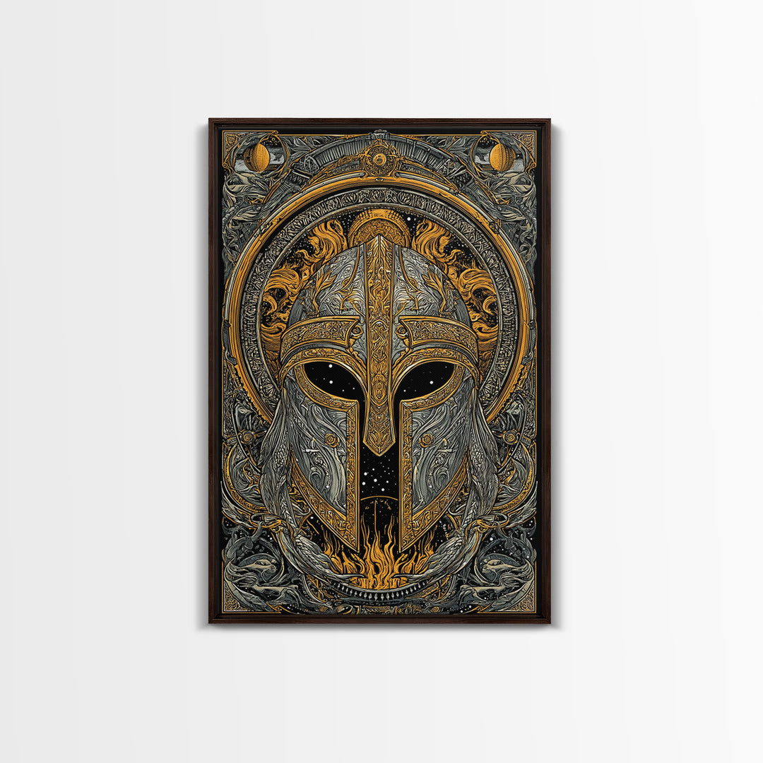 Canvas Gold Art Norse Warrior Helmet Canvas Art – Nordic Mythology Office Wall Decor, Viking Dad Gift framed with authentic wood