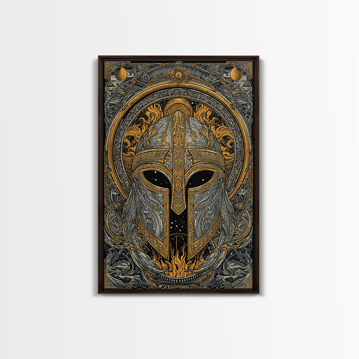 Canvas Gold Art Norse Warrior Helmet Canvas Art – Nordic Mythology Office Wall Decor, Viking Dad Gift framed with authentic wood