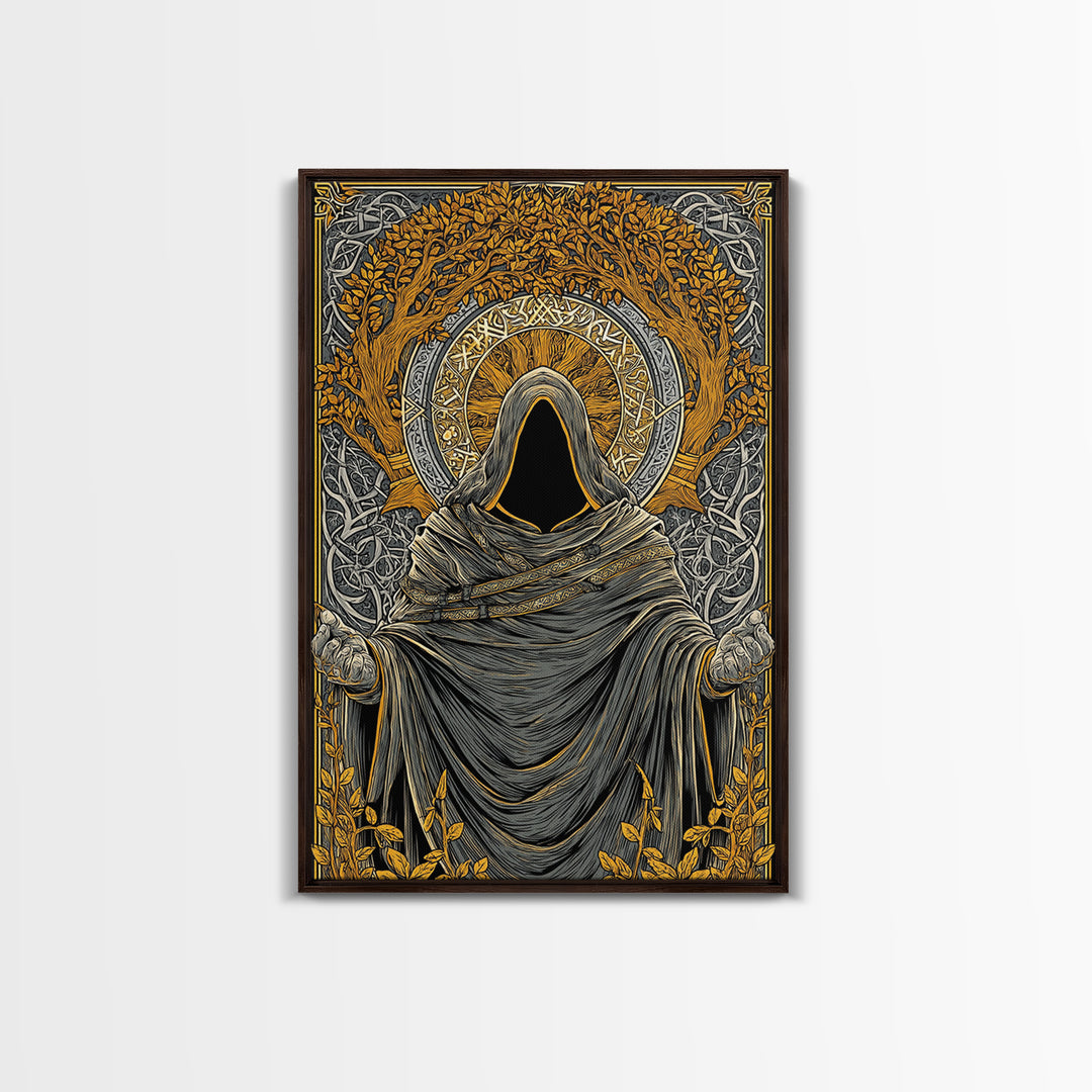 Canvas Gold Art Norse Ritual Hooded Figure Canvas Art – Viking Seer Man Cave Office Decor, Nordic Myth Gift framed with real wood