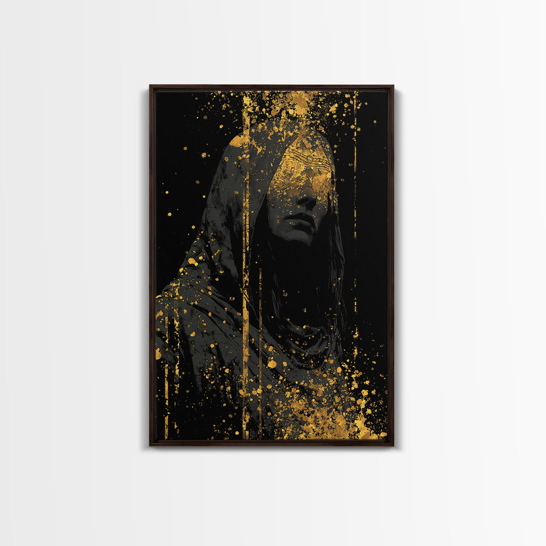 Nordic Hooded Seer Canvas Gold Art Canvas Art – Norse Mythology Office Wall Art, Mystic Viking Decor in handcrafted wood frame