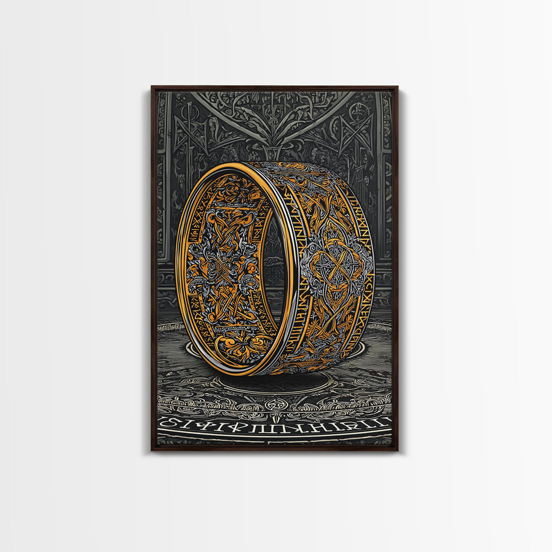 Canvas Gold Art Ornate Norse Ring Canvas Art – Nordic Mythology Viking Jewelry Wall Art, Unique Dad Gift framed with natural wood