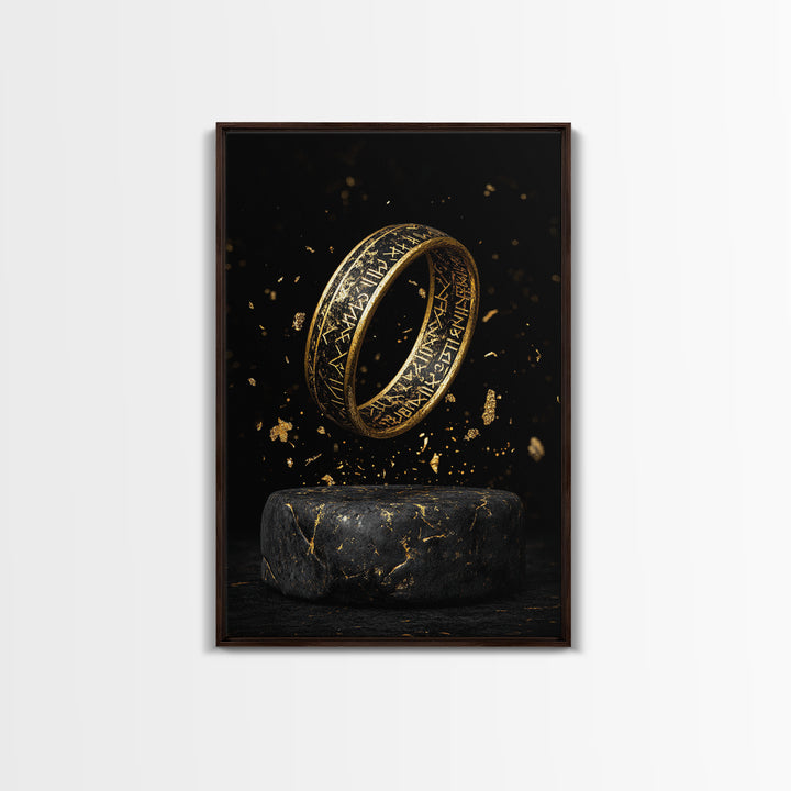 Viking Rune Ring Canvas Gold Art Canvas Art – Nordic Mythology Office Wall Art, Norse Man Cave Decor with handcrafted real wood frame