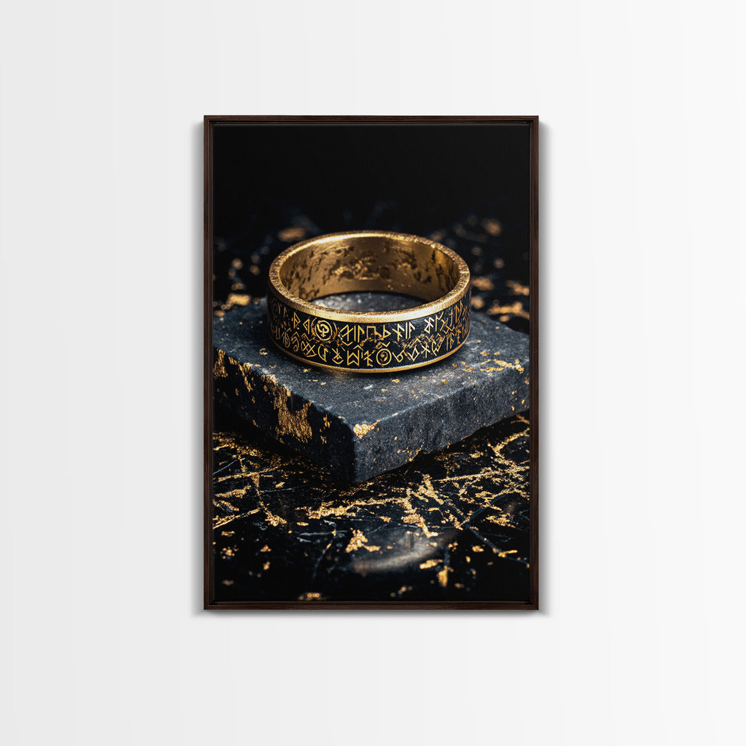 Norse Rune Ring Canvas Gold Art Canvas Art – Viking Jewelry Inspired Office Wall Art, Nordic Man Cave Decor framed in wood frame