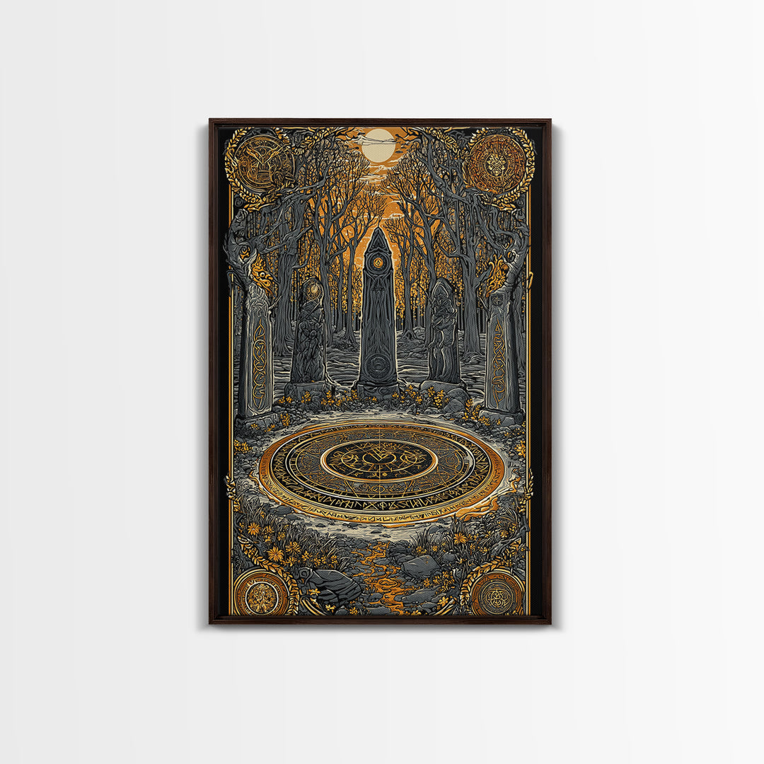 Nordic Ritual Circle Canvas Gold Art, Viking Pagan Canvas Art for Man Cave or Office, framed in natural wood for bold decor