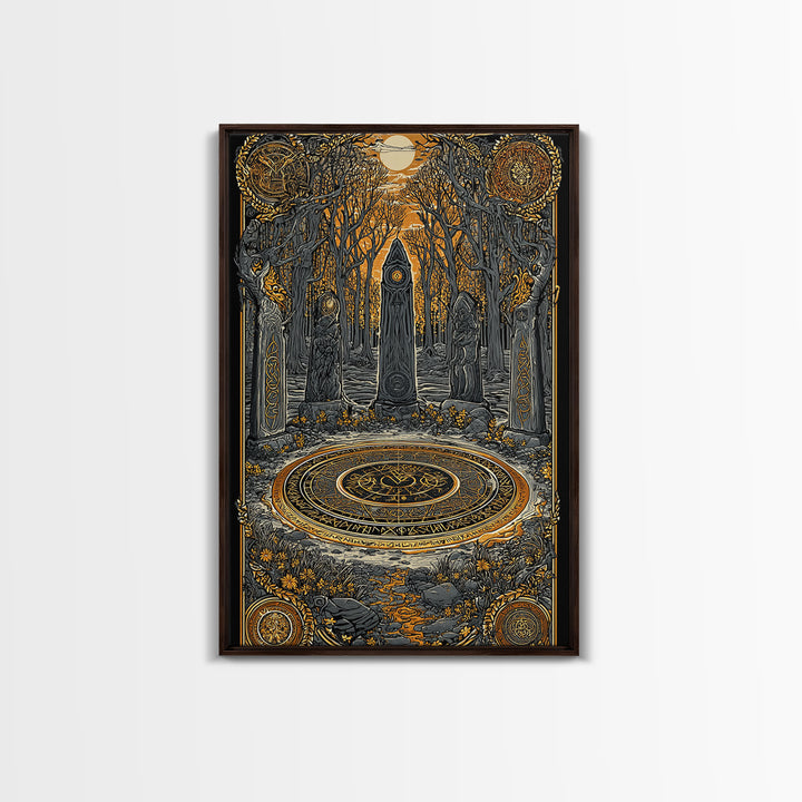 Nordic Ritual Circle Canvas Gold Art, Viking Pagan Canvas Art for Man Cave or Office, framed in natural wood for bold decor