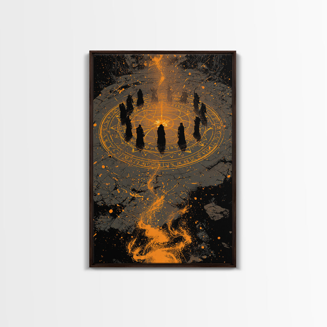 Mystical Norse Ritual Gathering Canvas Gold Art, Viking Pagan Canvas Art Wall Hanging with real wood frame, Dad Gift or Office Art