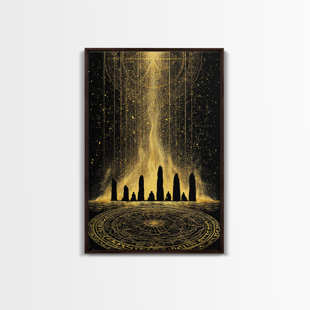 Canvas Gold Art Norse Ritual Stone Circle Canvas Art – Viking Ceremony Wall Art, Nordic Office Decor for Men framed in natural wood
