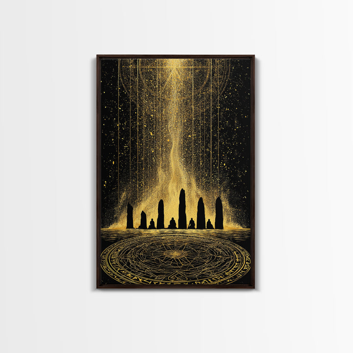 Canvas Gold Art Norse Ritual Stone Circle Canvas Art – Viking Ceremony Wall Art, Nordic Office Decor for Men framed in natural wood