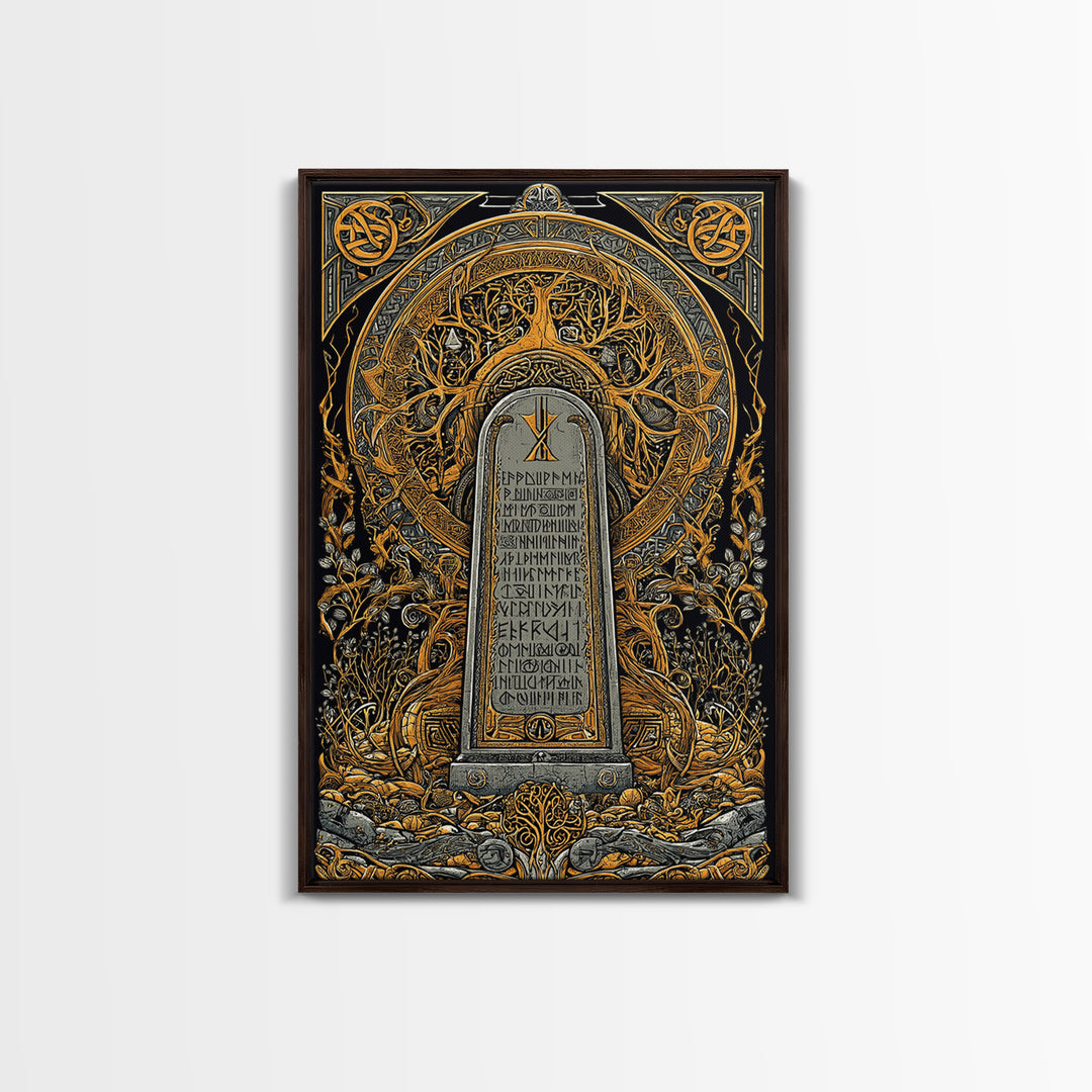 Runestone Engraved with Ancient Runes Canvas Gold Art, Nordic Mythology Canvas Art framed in real wood, Man Cave or Office Decor