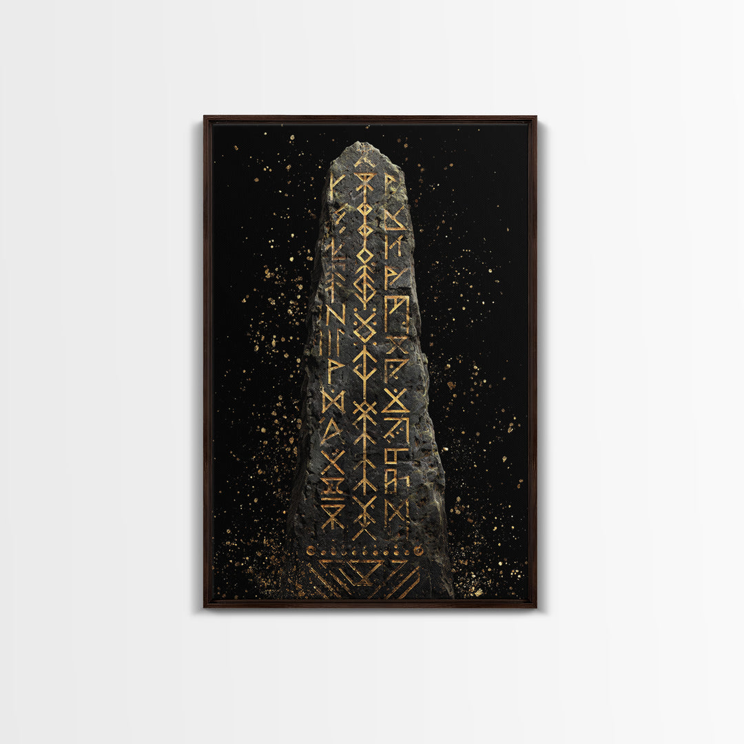 Golden Norse Rune Stone Canvas Gold Art, Mythology Inspired Viking Canvas Art framed in real wood, Office Art or Man Cave Accent