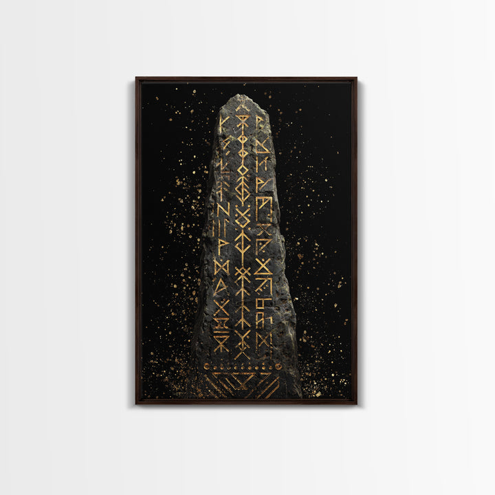 Golden Norse Rune Stone Canvas Gold Art, Mythology Inspired Viking Canvas Art framed in real wood, Office Art or Man Cave Accent