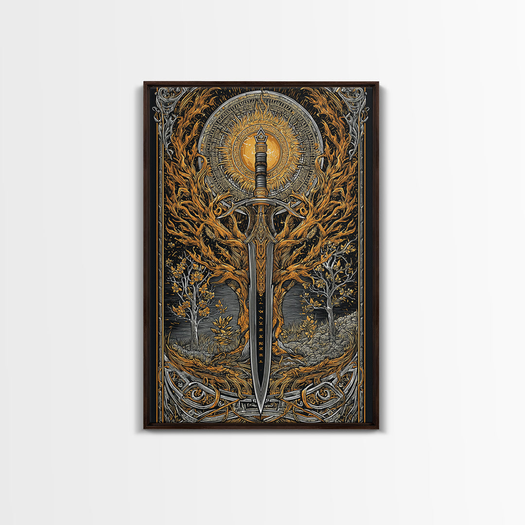Viking Spear and Sacred Sun Canvas Gold Art, Nordic Weapon Canvas Art framed in natural wood, Bold Man Cave Decor or Office Wall Art