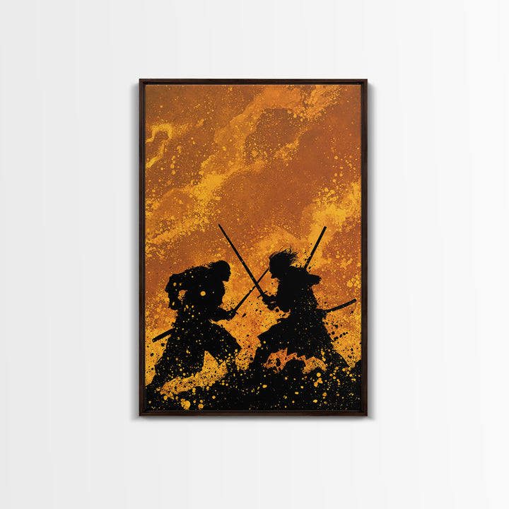 Viking Army Fight Scene Canvas Gold Art, Nordic Mythology Battle Canvas Art framed in natural wood, Bold Wall Decor for Men