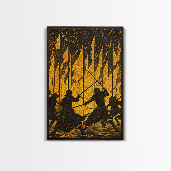Warriors Clash in Fiery Nordic Battle Canvas Gold Art, Viking Combat Canvas Art framed with real wood, Man Cave Office Wall Accent