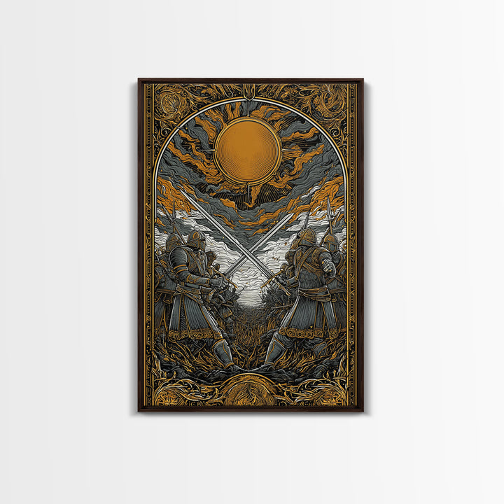 Nordic Mythology Battlefield Canvas Gold Art, Viking Warriors Canvas Art with natural wood frame, Strong Office Decor or Dad Gift