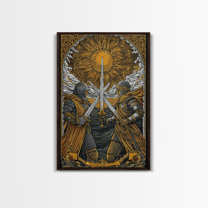 Norse Warriors in Battle Canvas Gold Art, Viking Canvas Art with real wood frame, Perfect for Man Cave, Office Wall Art, or Dad Gift