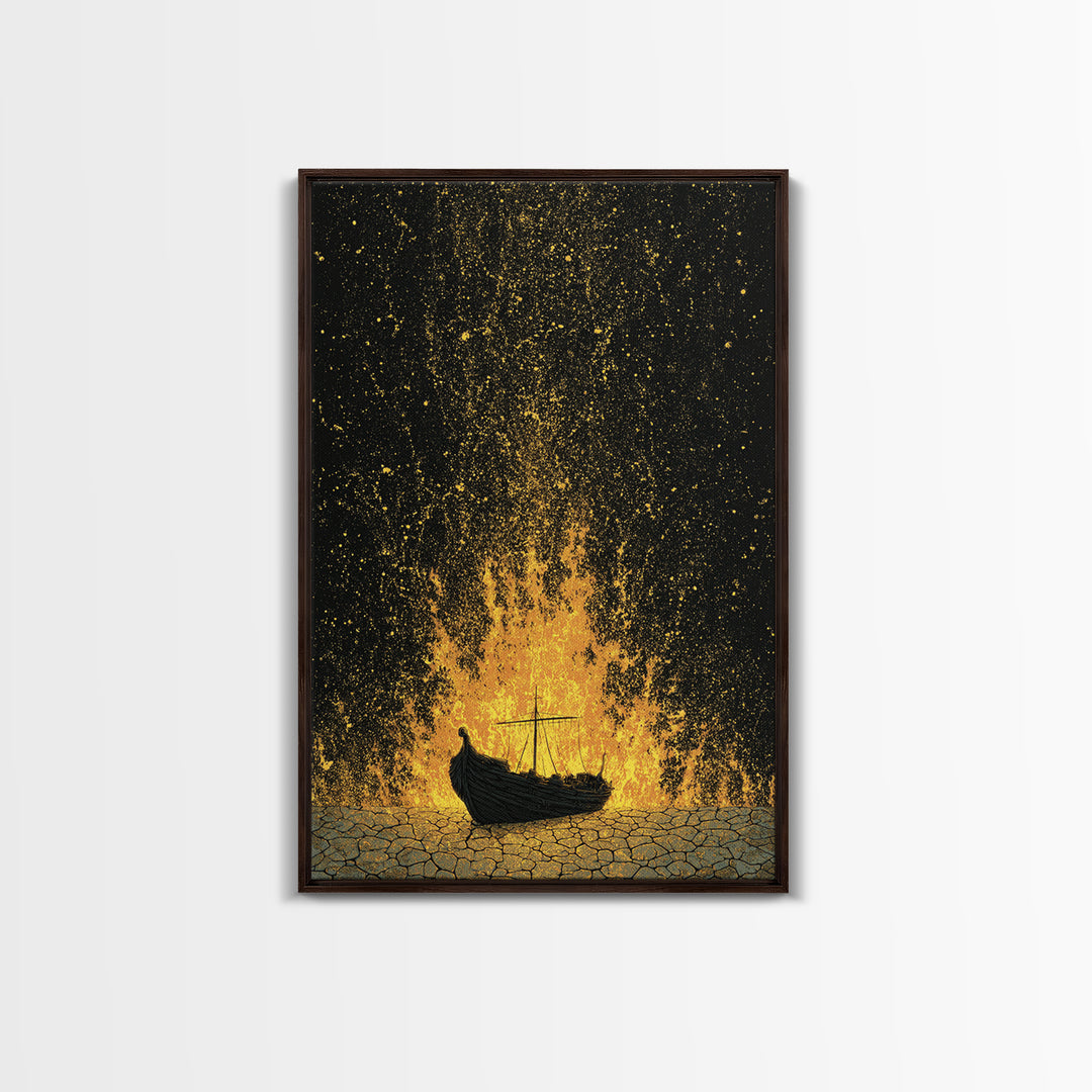 Viking Funeral Ship Canvas Gold Art Canvas Art Norse Burial Scene Wall Decor for Man Cave or Office, framed in real wood