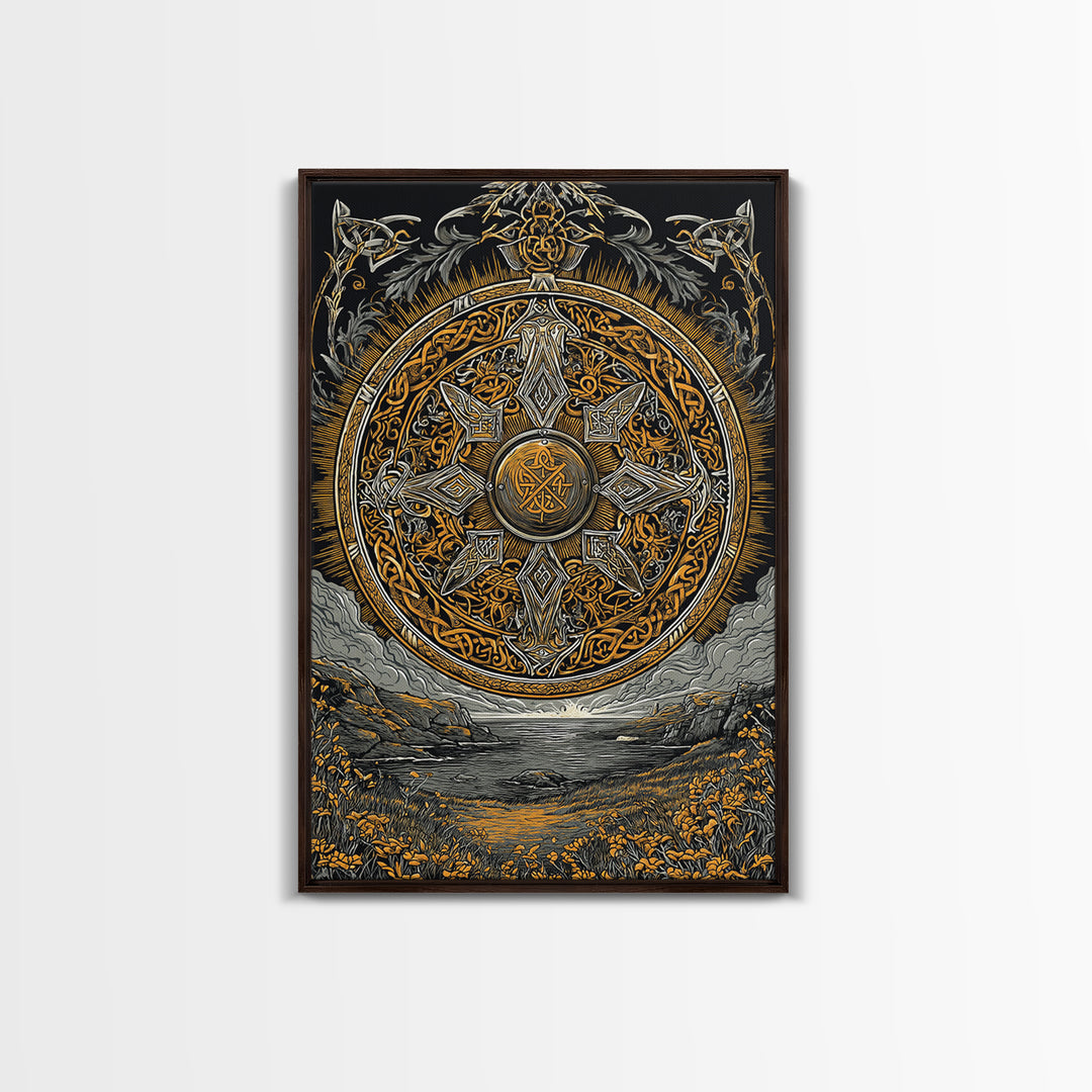 Vegvisir Compass Canvas Gold Art, Norse Mythology Canvas Art of Viking Symbol for Guidance, Man Cave or Office Decor framed in real wood