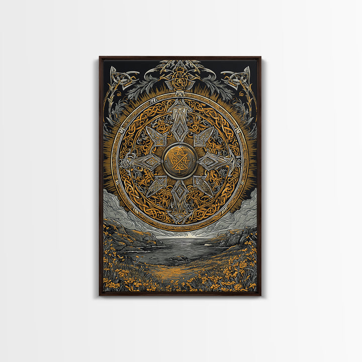 Vegvisir Compass Canvas Gold Art, Norse Mythology Canvas Art of Viking Symbol for Guidance, Man Cave or Office Decor framed in real wood