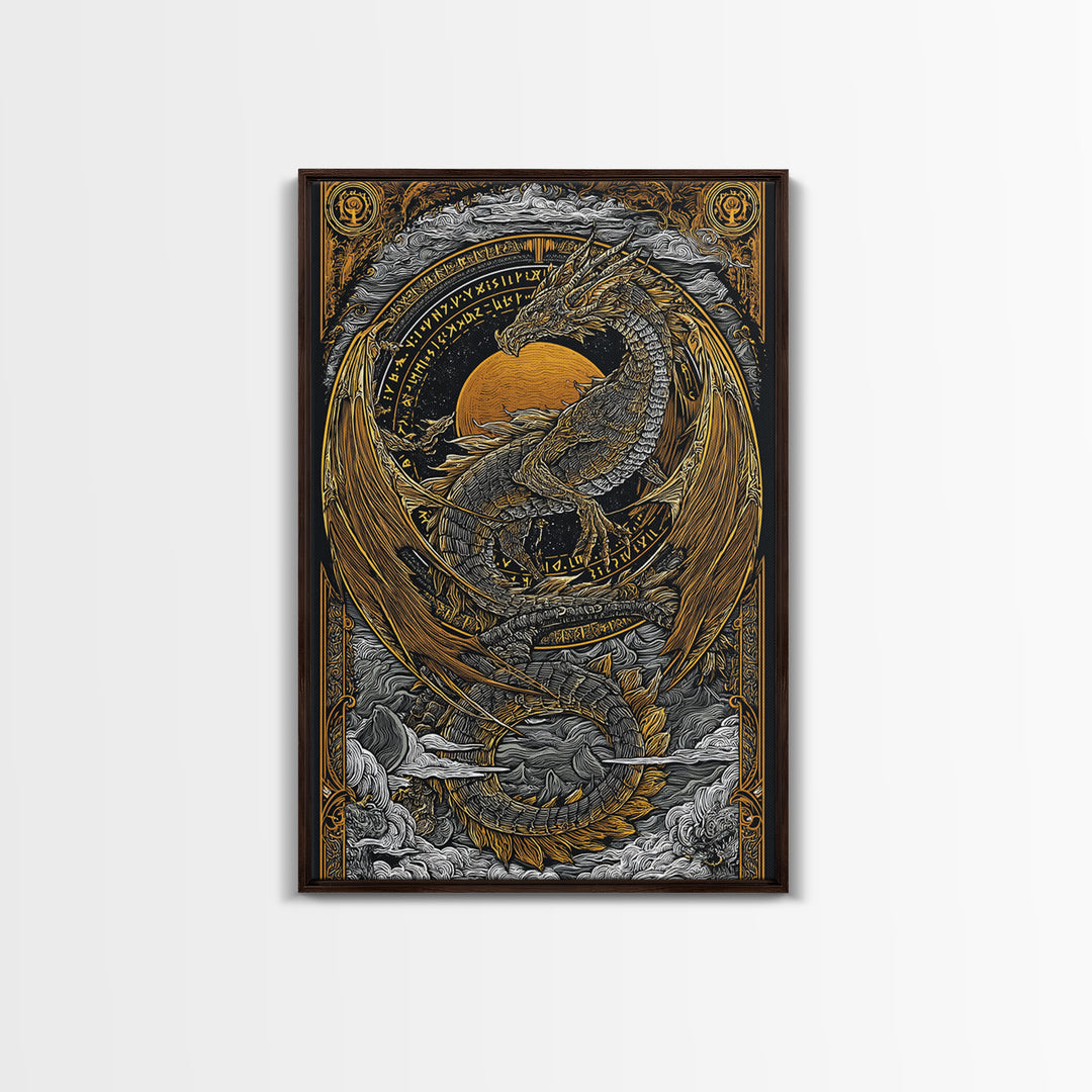 Canvas Gold Art of Jörmungandr Norse Dragon, Viking Myth Canvas Art framed in real wood, Nordic decor perfect for office or study