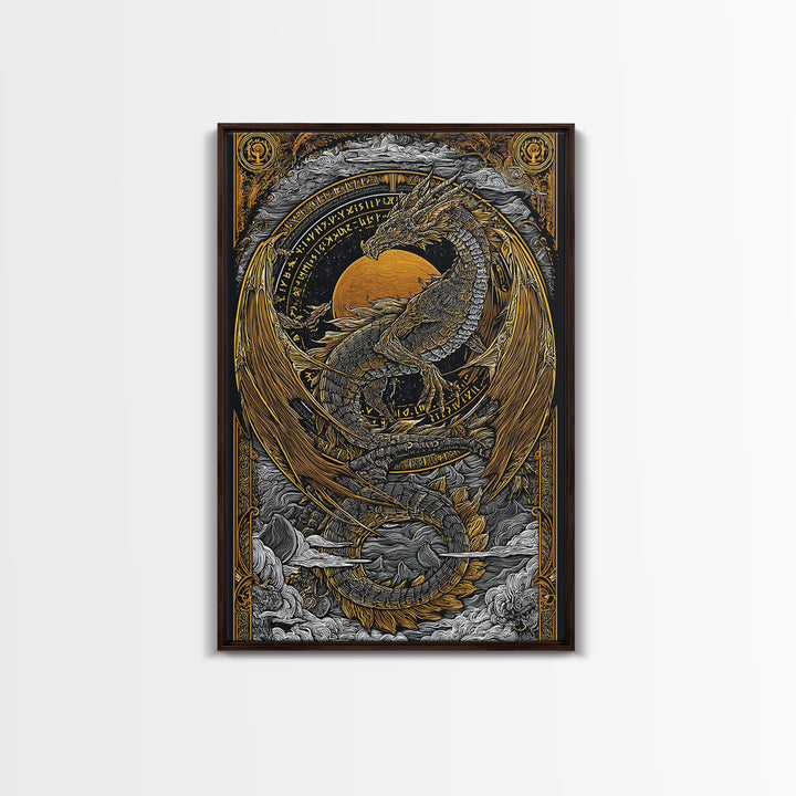 Canvas Gold Art of Jörmungandr Norse Dragon, Viking Myth Canvas Art framed in real wood, Nordic decor perfect for office or study