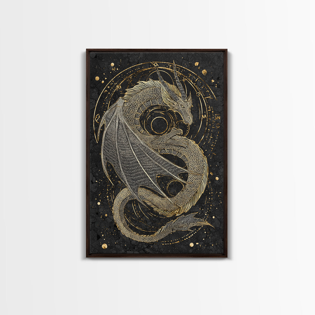 Nordic Dragon Canvas Gold Art, Viking Mythology Canvas Art for Man Cave or Office, framed in natural real wood for dad gift