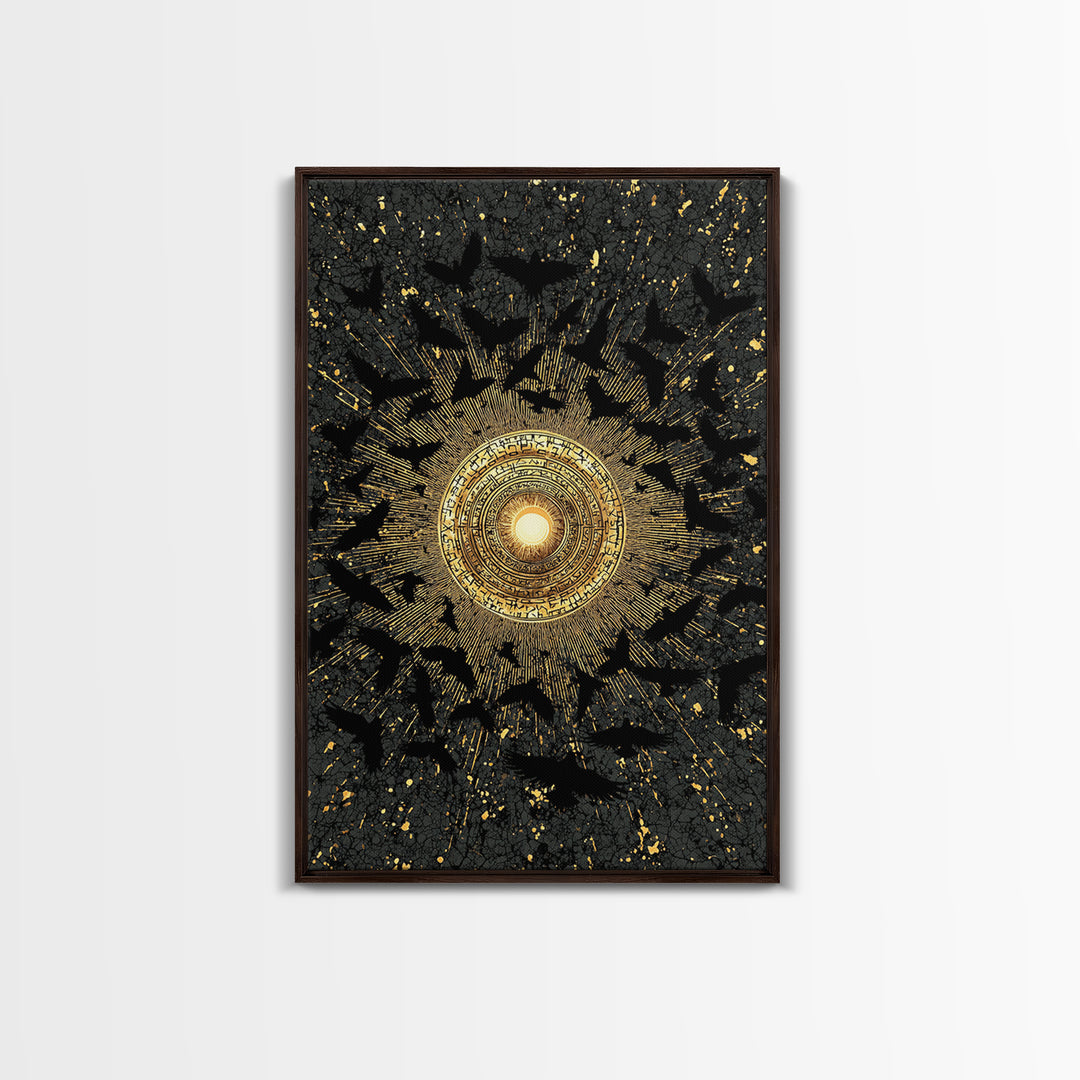 Canvas Art Norse Ravens and Sun Wheel, Canvas Gold Art Viking Decor with runes, framed in real wood, Nordic mythology gift for dad