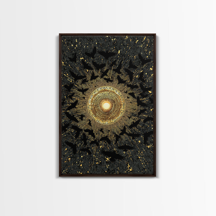 Canvas Art Norse Ravens and Sun Wheel, Canvas Gold Art Viking Decor with runes, framed in real wood, Nordic mythology gift for dad