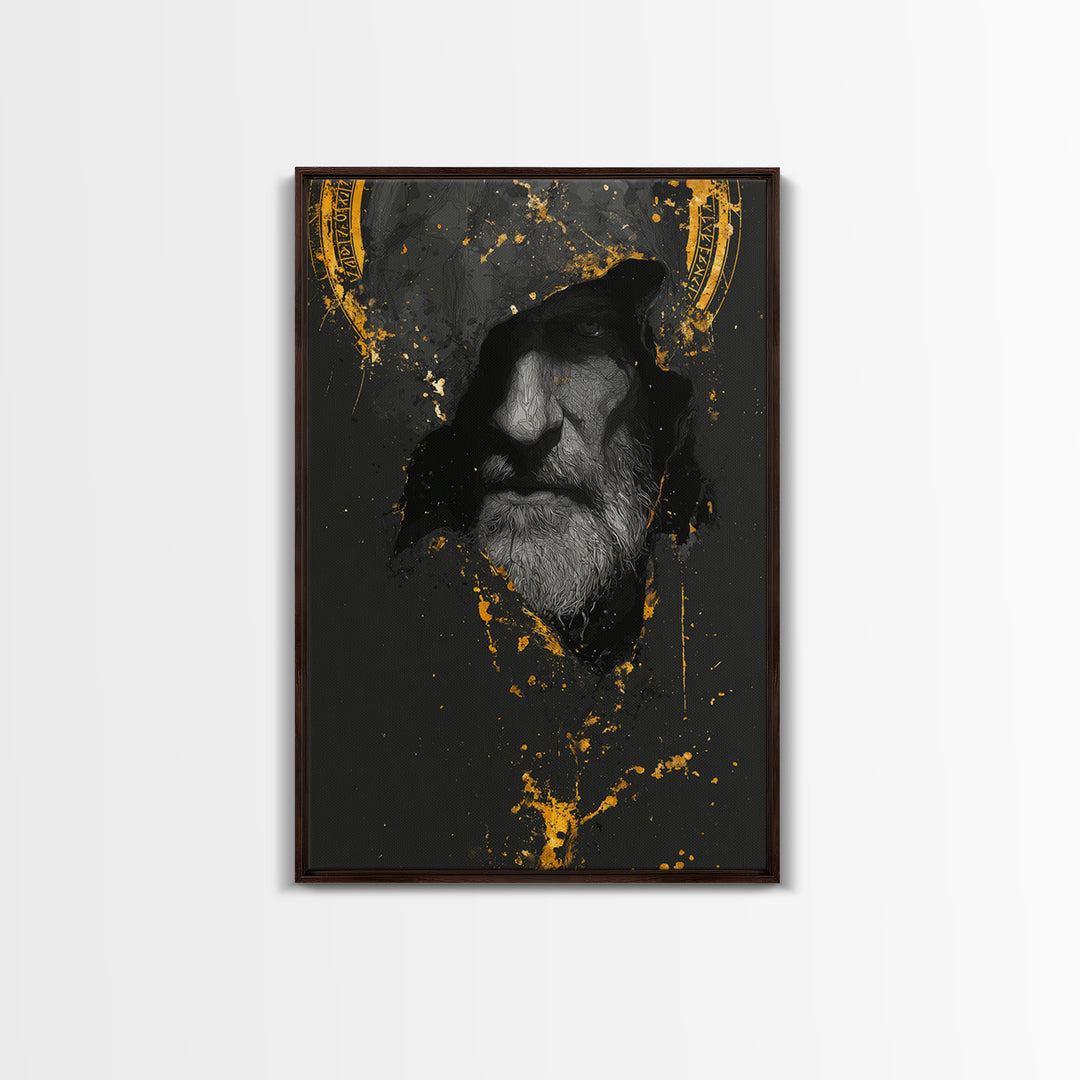 Odin Canvas Gold Art Norse God Portrait, Viking Mythology Canvas Art with real wood frame, masculine Nordic wall art for man cave